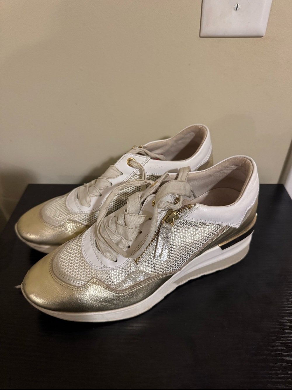 Ron White Metallic Gold and White Women's Wedge Sneakers